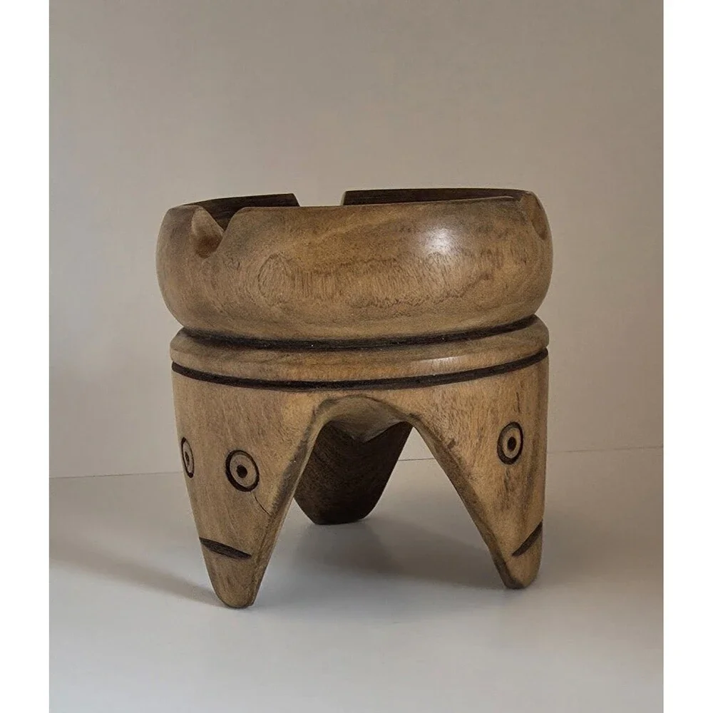 Vintage Hand Carved Wooden Ashtray Tribal Face Folk Art Bowl Catchall Decor